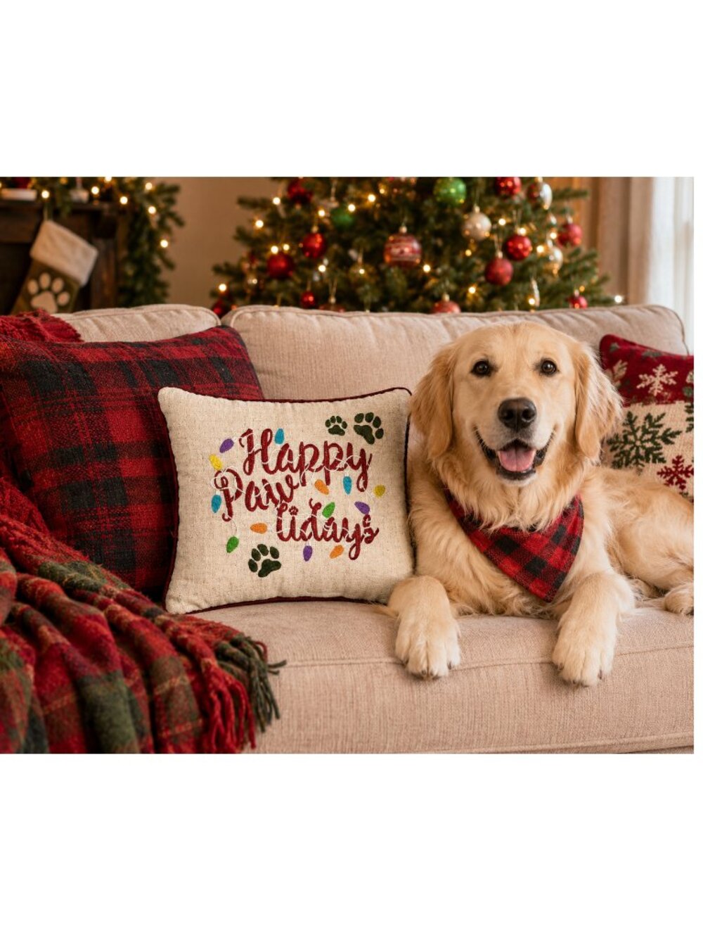 "Happy Paw lidays" Embroidered Christmas Holiday Accent Pillow - Cat & Dog Paws